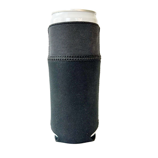Front view of all Black Candabra Universal Drink Sleeve shown on a slim 12 oz can with the elastic extended up to securely hold the beverage