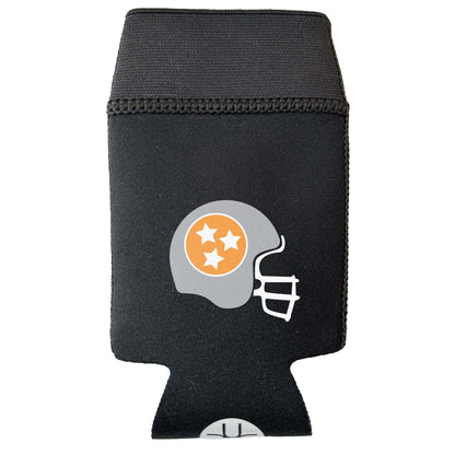 Black Candabra Hero with gray football Helmut designed with bright orange tri-star emblem.  Neoprene and elastic multi-conforming beverage sleeve. Flat view without a beverage.