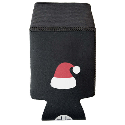 All black Candabra drink sleeve with a red and white Santa hat design.  Pictured without a drink container inside.
