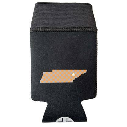 Black Candabra Hero with bright orange and gray checkerboard State design and a white star for Knoxville. Neoprene and elastic multi-conforming beverage sleeve. Flat view without a beverage