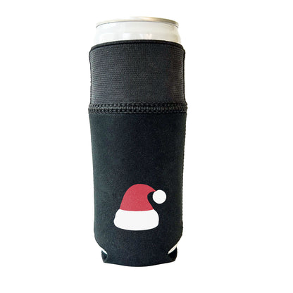 All black Candabra drink sleeve with a red and white Santa hat  design.  Pictured on a slim 12 oz can with the elastic cuff extended.