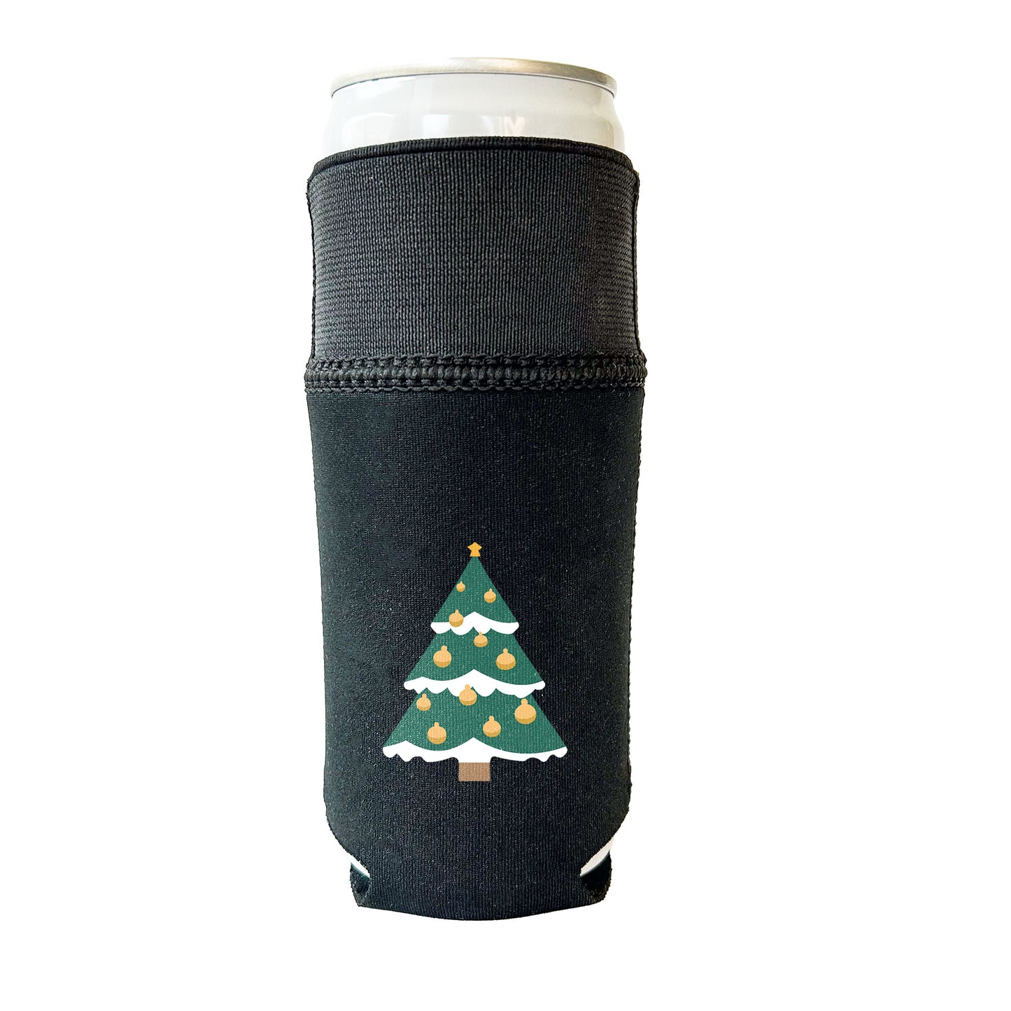 Black Candabra Beverage Sleeve with a cute Christmas Tree design.  Shown on a slim can with elastic cuff extended