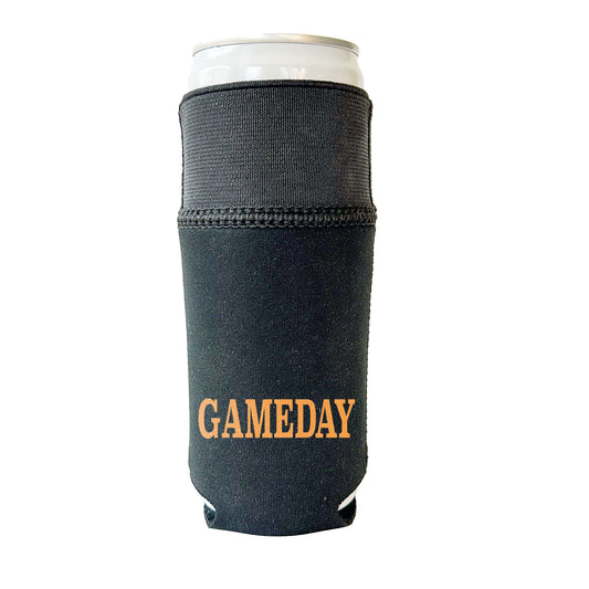 Front view of an all Black Candabra Hero,  Black Neoprene Sleeve with Black elastic. Shown on a slim 12 oz can.  Embellished with the word GAMEDAY in bright orange all cap block letters. 