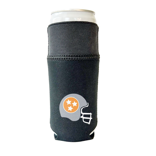 Black Candabra Hero with gray football Helmut designed with bright orange tri-star emblem.  Neoprene and elastic multi-conforming beverage sleeve. Shown on a slim 12 oz can. Illustrates elastic top extended, to fit tall slender can.