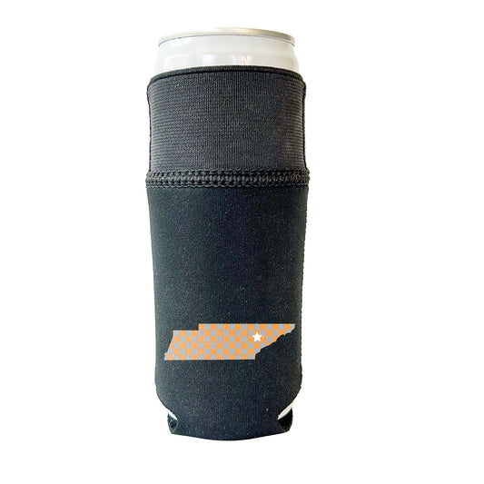 Black Candabra Hero with bright orange and gray state of Tennessee design with a white star for Knoxville. Neoprene and elastic multi-conforming beverage sleeve. Shown on a slim 12 oz can. Illustrates elastic top extended, to fit tall slender cans.