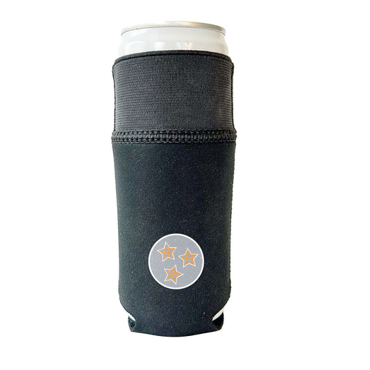 Black Candabra Hero with gray tri-star and checkerboard star design. Neoprene and elastic multi-conforming beverage sleeve. Shown on a slim 12 oz can. Illustrates elastic top extended, to fit tall slender cans.