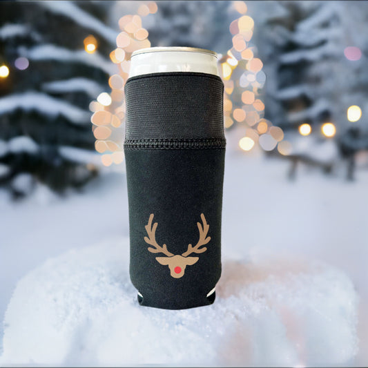 All black Candabra drink sleeve with a red nose reindeer  design.  Pictured on a slim 12 oz can with the elastic cuff extended. Pictured in a snowy outside scene.