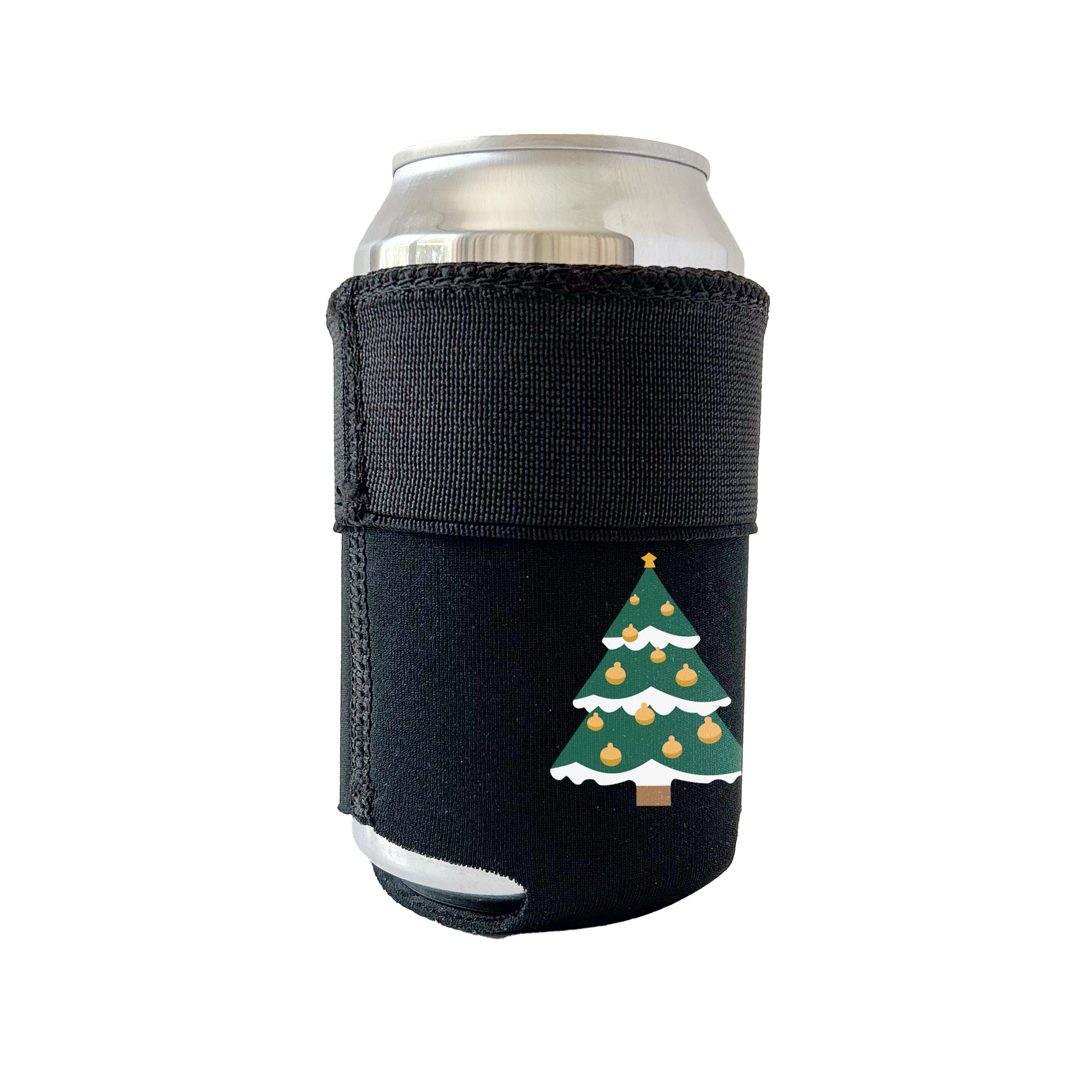 Black Candabra Beverage Sleeve with a cute Christmas Tree design.  Shown on a standard 12oz can with the elastic cuff folded down