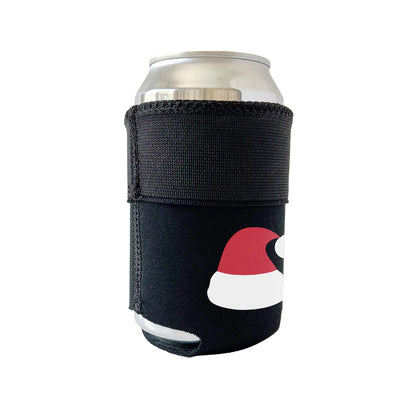 All black Candabra drink sleeve with a red and white Santa hat design.  Pictured on a standard 12 oz can with the elastic cuff folded down