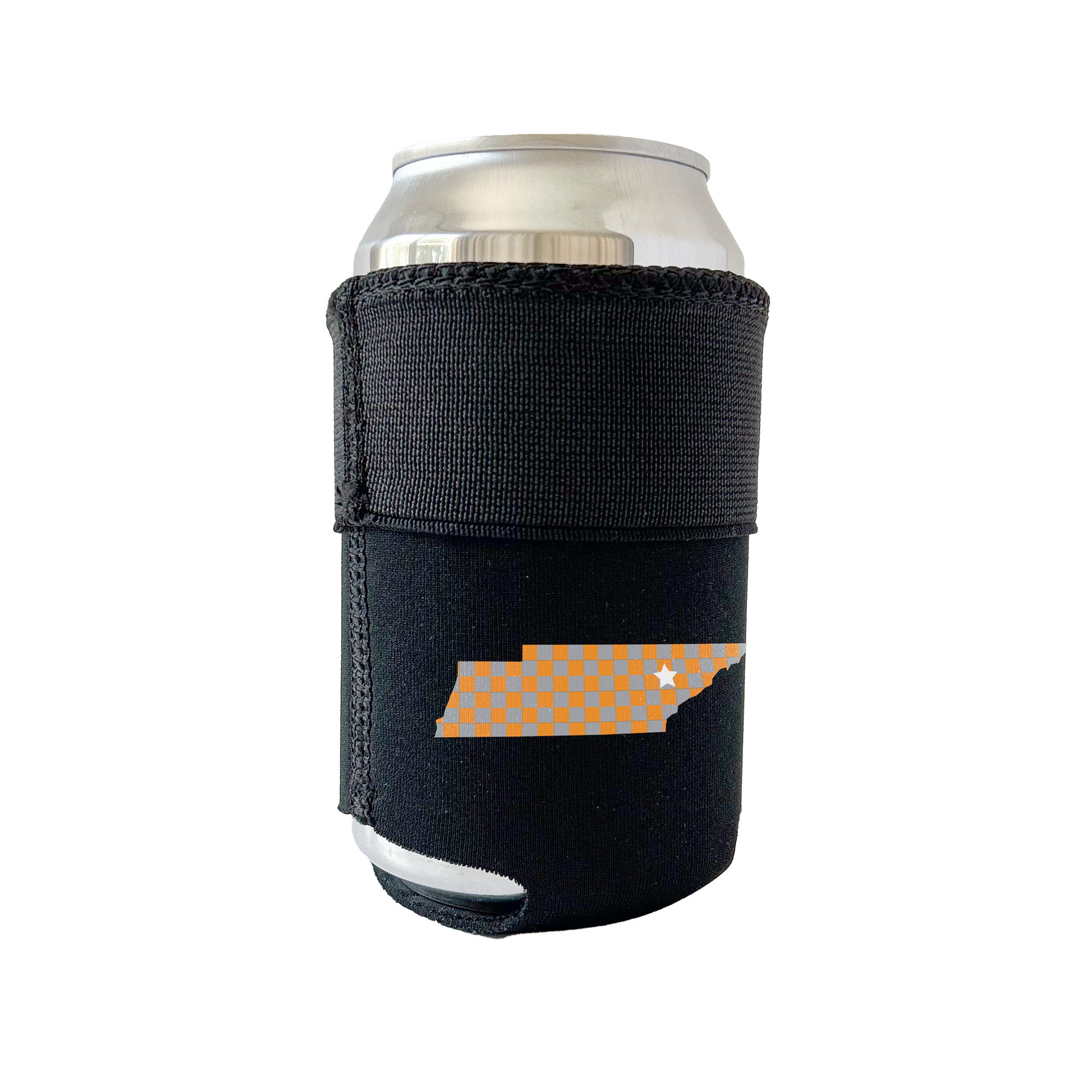 Black Candabra Hero with bright orange and gray checkerboard State design and a white star for Knoxville. Neoprene and elastic multi-conforming beverage sleeve. Shown on a standard 12 oz can. Illustrates elastic top folded down, to fit a standard can