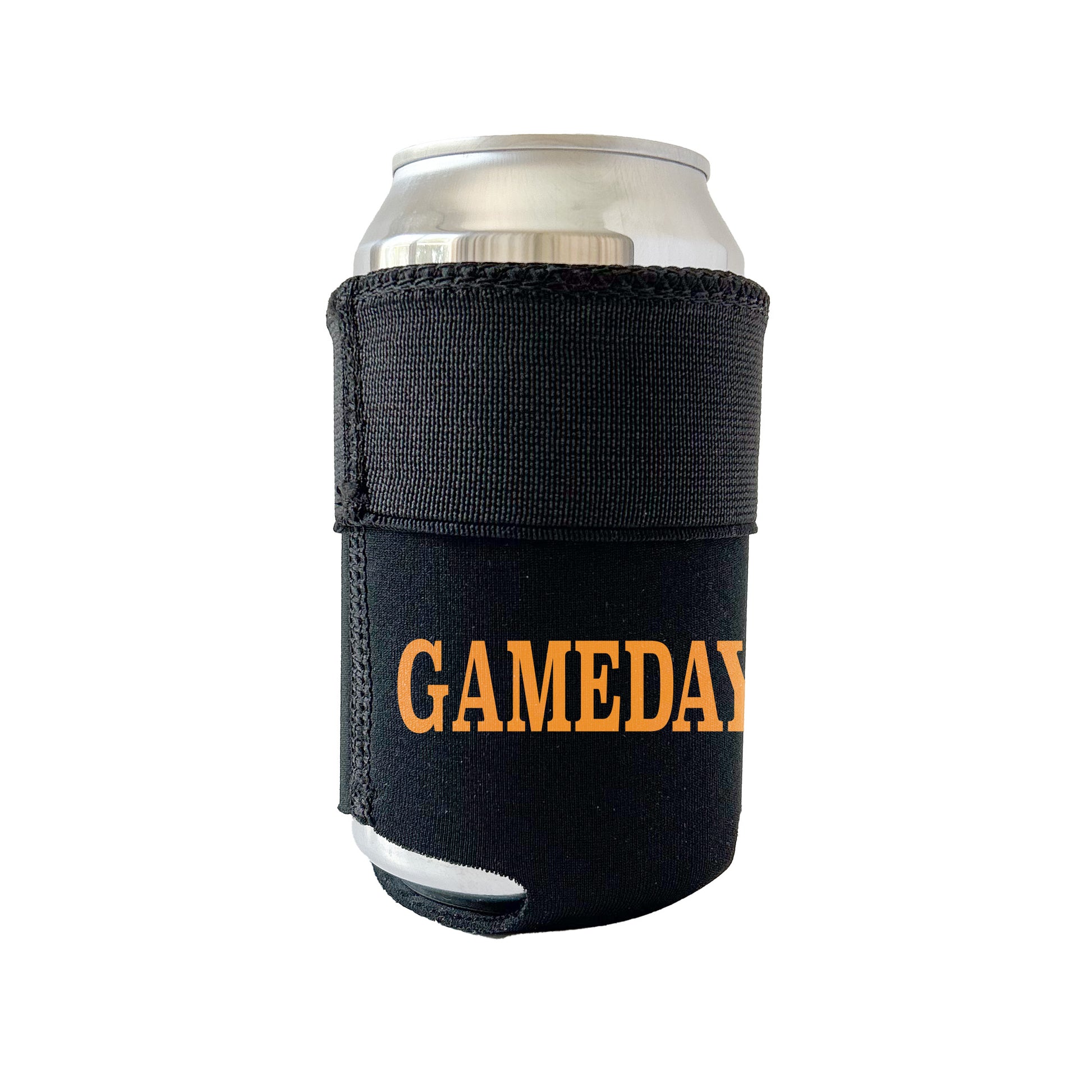 Angled view on a regular 12 oz can of an all Black Candabra Hero, Black Neoprene Sleeve with Black elastic. Embellished with the word GAMEDAY in bright orange all cap block letters.