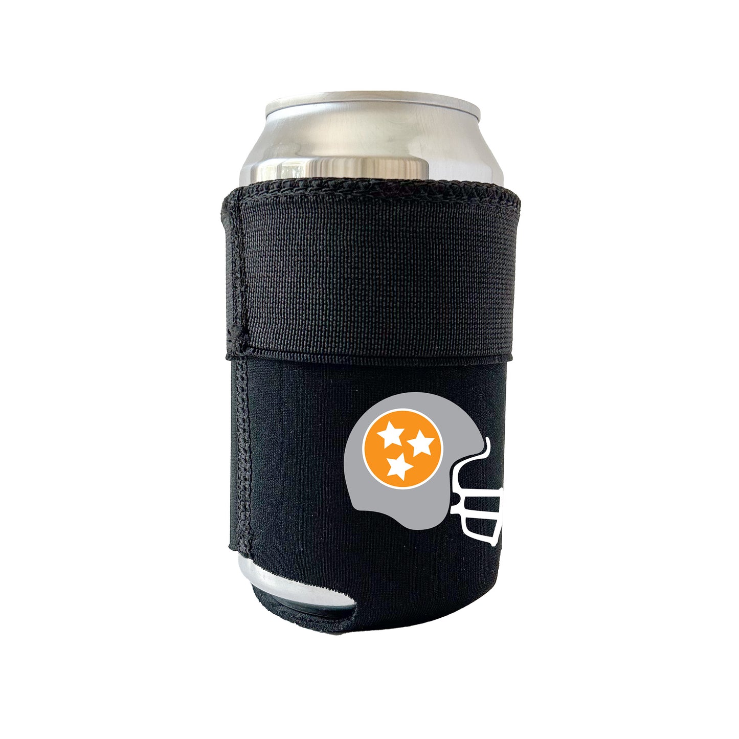 Black Candabra Hero with gray football Helmut designed with bright orange tri-star emblem.  Neoprene and elastic multi-conforming beverage sleeve. Shown on a standard 12 oz can. Illustrates elastic top folded down, to fit a standard can