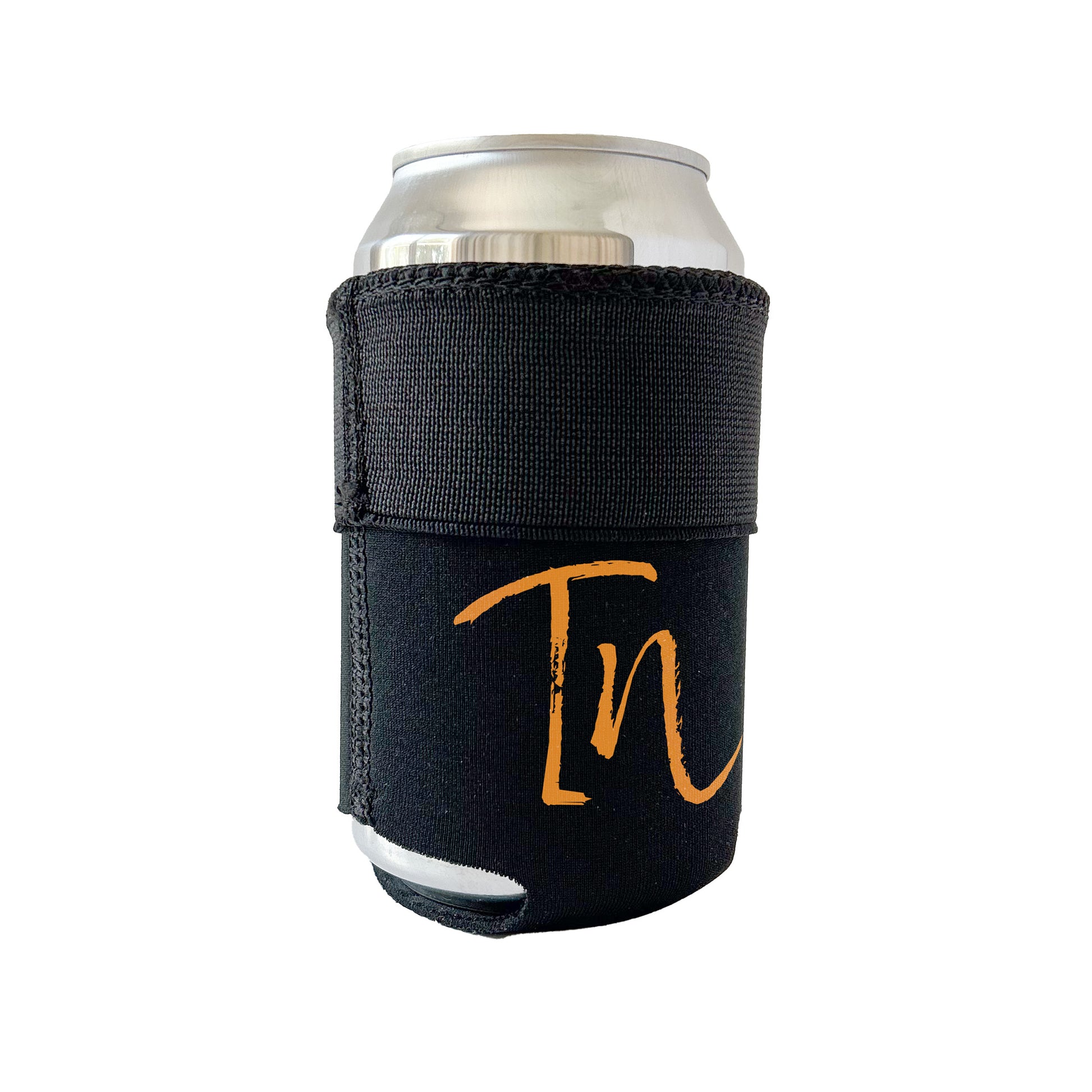 Black Candabra Hero with bright orange TN design. Neoprene and elastic multi-conforming beverage sleeve. Shown on a standard 12 oz can. Illustrates elastic top folded down, to fit a standard can